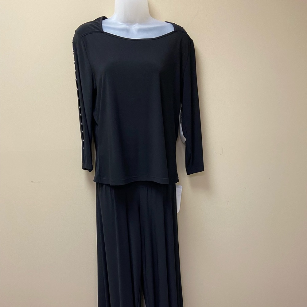 Black tunic top with rhinestone sleeves, size medium.